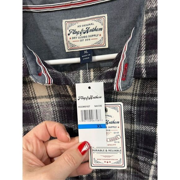 FLAG & ANTHEM NWT GREY/CREAM PLAID FLANNEL heavy SHIRT sz XL - Picture 3 of 5